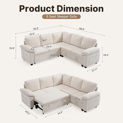85" Modular Sectional Sofa Bed with Storage, L Shaped Pull Out Couch, Removable Chenille Sofa Cover for Living Room (Beige, 5 Seat)