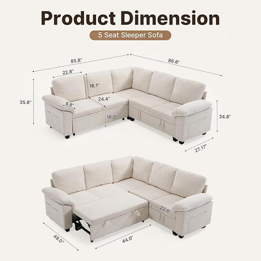 85" Modular Sectional Sofa Bed with Storage, L Shaped Pull Out Couch, Removable Chenille Sofa Cover for Living Room (Beige, 5 Seat)