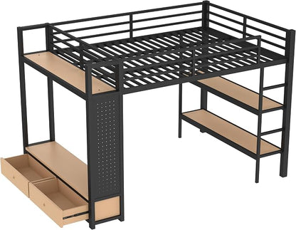 Bellemave Queen Size loft Bed with Wardrobe and Storage Shelves and Pegboard Drawers, Metal Queen Loft Bed Frame for Adults, Kids, Teens, Black