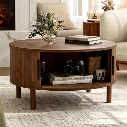 ZttRiee Round Coffee Table with Sliding Doors, Mid-Century, Walnut | Ø30.0"D x 16.3"H, 200 lbs capacity, dual sliding-door storage, ~45 min assembly