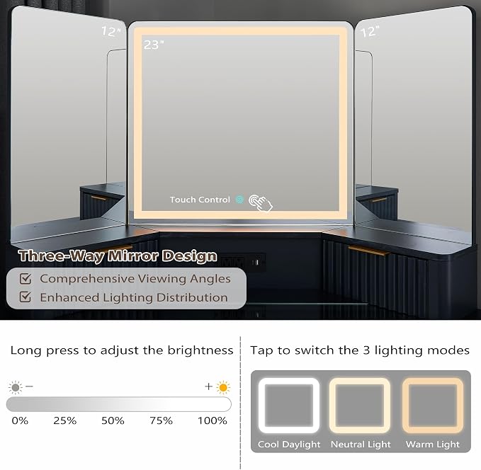 T4TREAM Fluted Makeup Vanity Desk with 3 Way Mirror and Lights, 48" Large Corner Vanity Table with Glass Top, Charging Station, 3 Drawers, Storage Cabinets & Shelves, for Bedroom, Dark Grey