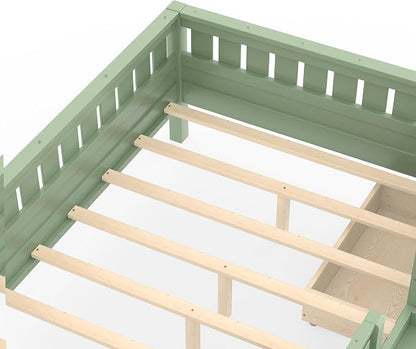 Bellemave Full Size Bed Frame with Storage Drawers & Bookshelf, Low Profile Kids Bed with Staircase & Full Length Guardrails, Solid Wood Full Size Bed Frame Kids with Slats Load 550 LBS, Green