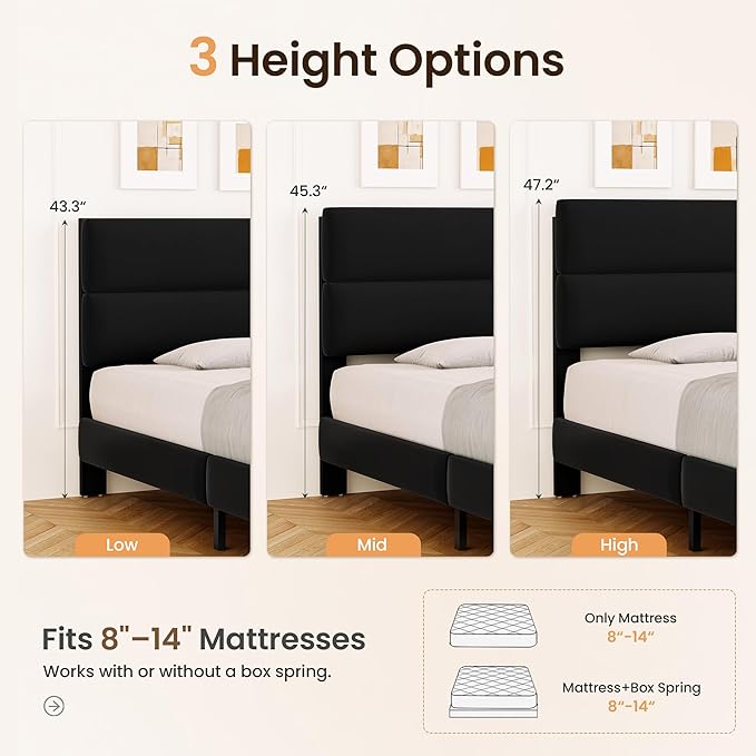 GRUSIGN Queen Size Platform Bed Frame with Velvet Headboard, Adjustable Height Wooden Slats Support, Upholstered Mattress Foundation, Fits Mattress or Mattress with Box Spring, Easy Assembly, Black