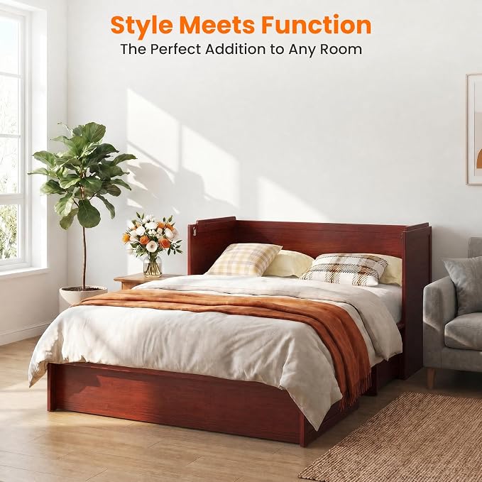 CECER Murphy Bed Queen with Mattress Included for Guest/Small Space-Maroon | Built-in Multi-Port Charging Station ＆ Large Storage Drawer，Space Saving ＆ Easy Assemble and Conversion