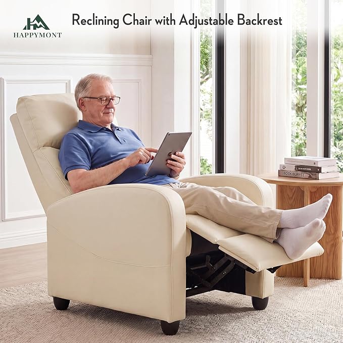 Massage Recliner Chair, Recliner Sofa Fabric for Adults, Recliners Home Theater Seating with Lumbar Support, Reclining Sofa Chair for Living Room, Cream