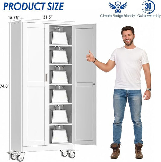 GAIOUS Metal Garage Storage Cabinet with Lock, Steel Tool Cabinet with 2 Doors and 5 Adjustable Shelves, 75” Tall Lockable File Cabinet with Wheels, Organization for Home Office Garage Gym - White