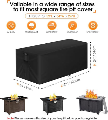 POMER Fire Table Cover Rectangular, 52 in Propane Fire Pit Cover Outdoor Waterproof Rectangle Gas Fireplace Firepit Cover - 52x34x24 inch