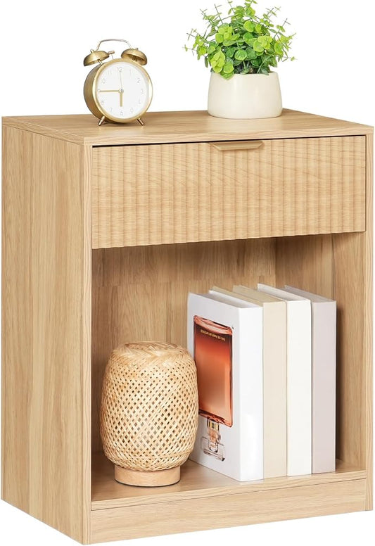 HOOBRO Fluted Nightstand, Modern Bedside Table with 1 Drawer and 1 Open Compartment, Wooden End Table with Metal Handle, for Bedroom and Office, Natural NL208BZ01