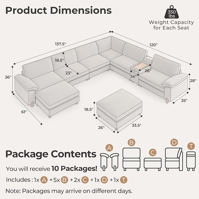 SITJOY Large Cloud Couch, 138" Wide 8 Seat V Shape with Console, Light Gray | Detachable and Washable Chenille Cover Sectional Sofas for Living Room, Deep Seat Wide Couch with Chaise, Storage Ottoman