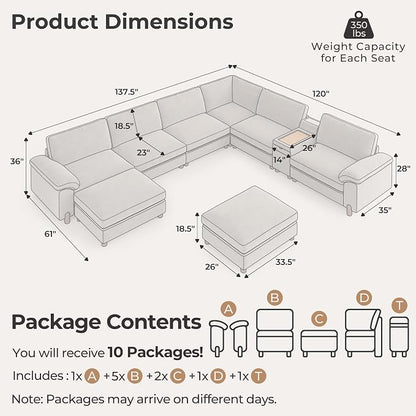 SITJOY Large Cloud Couch, 138" Wide 8 Seat V Shape with Console, Light Gray | Detachable and Washable Chenille Cover Sectional Sofas for Living Room, Deep Seat Wide Couch with Chaise, Storage Ottoman
