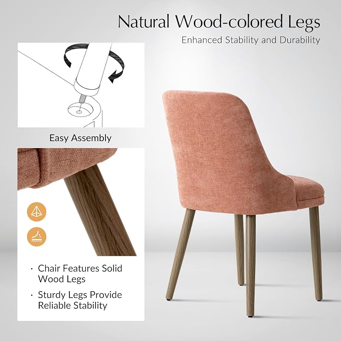 Upholstered Dining Chairs Set of 4, Fabric Dining Room Chairs with Curved Backrest, Solid Wood Legs, Modern Kitchen Chairs for Dining Room Living Room, Coral
