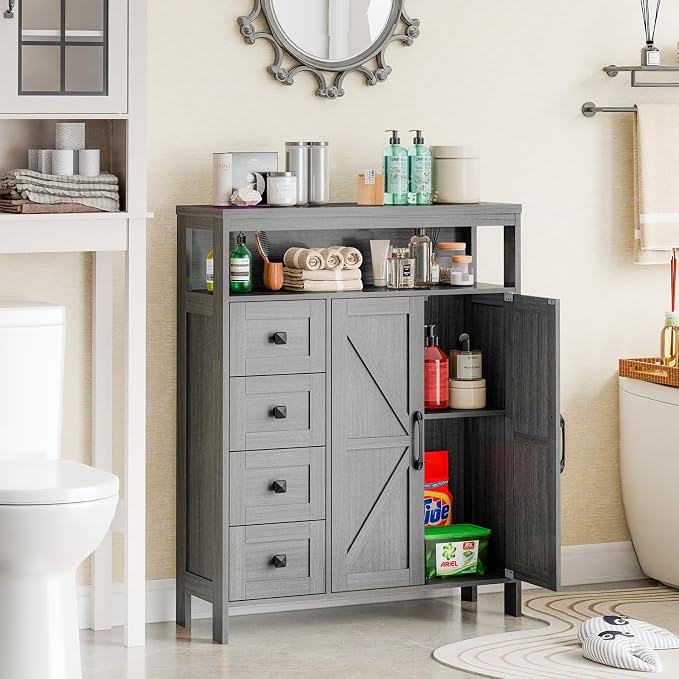 Vabches Farmhouse Storage Cabinet with 2 Doors and 4 Drawers, Freestanding Bathroom Compartment, Kitchen Pantry Cabinet, Floor Cupboard for Kitchen/Living Room/Bathroom （Wash Grey）