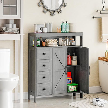 Vabches Farmhouse Storage Cabinet with 2 Doors and 4 Drawers, Freestanding Bathroom Compartment, Kitchen Pantry Cabinet, Floor Cupboard for Kitchen/Living Room/Bathroom （Wash Grey）
