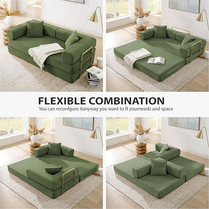 HANXIN 78 Inch Convertible Sleeper Sofa Bed, Folding Floor Mattress Couch with Fixed-Shape Frame, Futon Boneless Couch Lounge Loveseat with Pull Out Bed, No Assembly Required (Green)