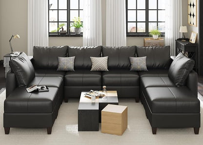 EASE MOOSE Modular Sofa Sectional Couch with Storage Ottomans,Black Faux Leather Sectional Sofa U Shaped Sofa Modular Sectional Sofa Couch