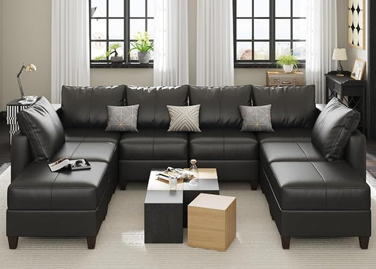 EASE MOOSE Modular Sofa Sectional Couch with Storage Ottomans,Black Faux Leather Sectional Sofa U Shaped Sofa Modular Sectional Sofa Couch