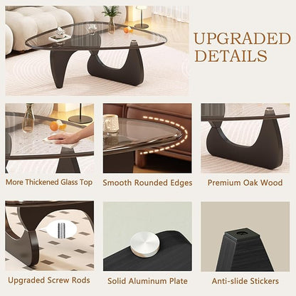 Coffee Table for Living Room Mid Century Modern Center Small Table with Glass Top and Wood, Black Transparent(36 Inch)