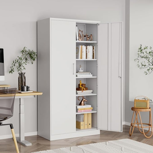 71"H Metal Storage Cabinet with Lock, White Garage Cabinets with 2 Doors and 5 Adjustable Shelves, Steel Locking Caninets Tall Tool Utility Caninet, Lockable File Cabnet for Home Office, Pantry