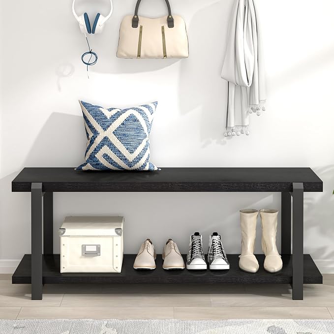 EXCEFUR Entryway Bench, Modern Wood and Metal Storage Bench for Hallway, Industrial Indoor Shoe Rack Bench Seat for Living Room Bedroom, Black Oak 47 Inch Long