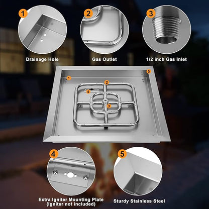 Onlyfire 18 Inch Square Fire Pit Burner Pan with Square Burner Ring – 304 Stainless Steel Drop-in Gas Fire Pit Insert for Natural Gas & Propane, 92,000 BTU, Square Flame Pattern for DIY Fire Table