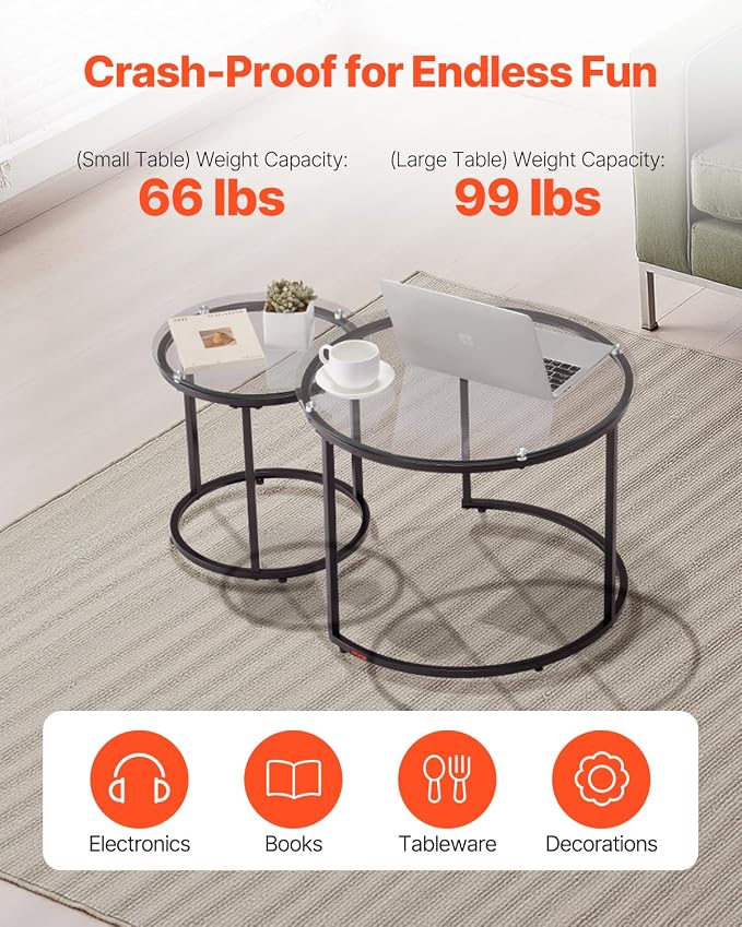 VEVOR Nesting Coffee Table Set of 2, 23.6 in Round Coffee Table, Glass Nesting Tables for Small Place, Modern End Side Tables Night Stand with Metal Frame, for Living Room, Bedroom, Balcony, Office