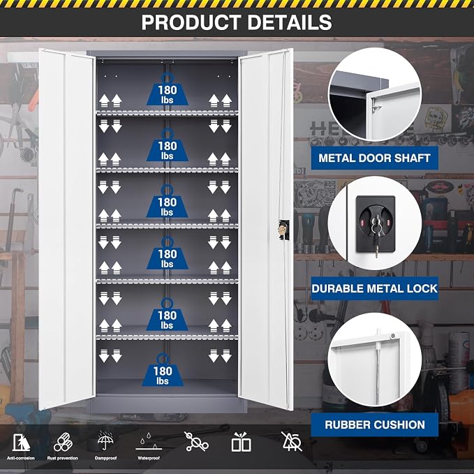 Fesbos Metal Storage Cabinet-71” Tall Steel File Cabinets with Lockable Doors and Adjustable Shelves-Gray&White Steel Storage Cabinet for Home,Kitchen, School, Office, Garage
