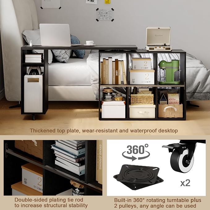 BOSHIRO Black L-Shaped Computer Desk with Storage Shelves, Small Study Writing Desk with Charging Station, 67” Bedroom Side Table & 360° Rotating Desk for Living Room