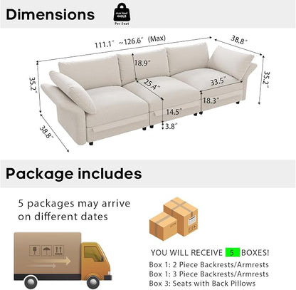 DreamDashio 126" Oversized Sectional Sofa with Storage, Adjustable Arms & High Back, Modular Cloud Couches for Living Room, 3 Seats, 5 Arms & 5 Pillows, Beige Chenille