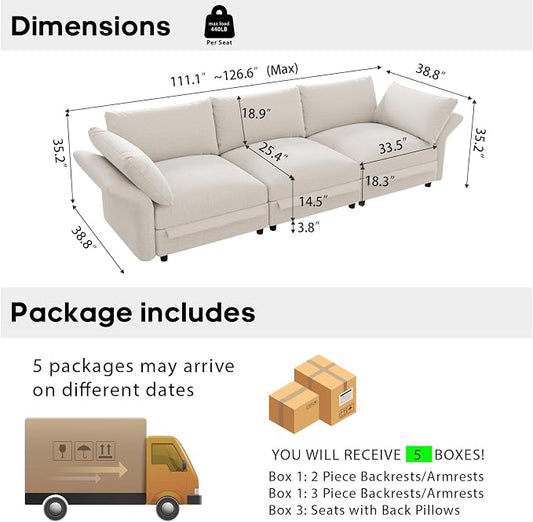 DreamDashio 126" Oversized Sectional Sofa with Storage, Adjustable Arms & High Back, Modular Cloud Couches for Living Room, 3 Seats, 5 Arms & 5 Pillows, Beige Chenille