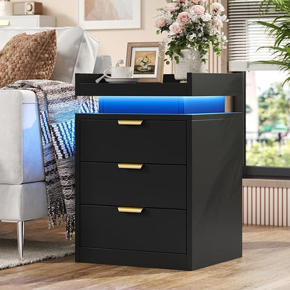 knoworld LED Nightstand Set of 2 with Charging Station & USB Ports, 3-Drawer Bedside Table with Adjustable RGB LED Lights, High-Gloss Modern Nightstands for Bedroom, Black