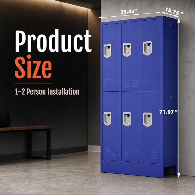 BUTISOW 6 Door Metal Storage Locker for Employees, Heavy Duty Steel School | Locker with Lift Up Handle & Recessed Hasp, Gym Office Lockers with Adjustable Shelves & Hooks, 72"H x 35.4"W x 15.75"D, Blue