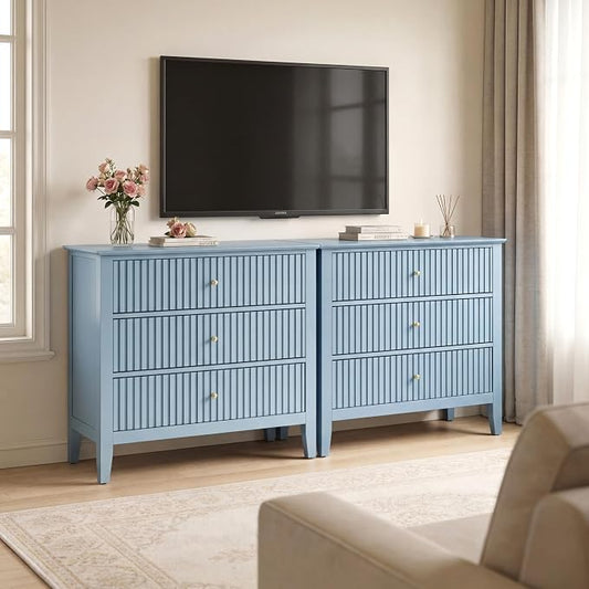 RoyalCraft 32" Large Nightstand Set of 2, Fluted Painted Bedside Table with 3 Spacious Drawers, Modern Tall End Table for Bedroom, Light Blue