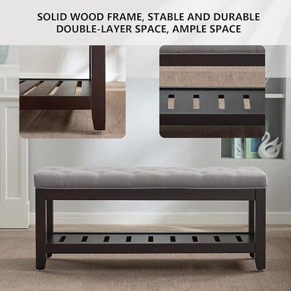 adochr Linen Large Rectangular Ottoman with Storage, Upholstered Entryway Bench for Living Room, Oversized Button Tufted Ottoman with Wood Shelf Storage, Light Grey