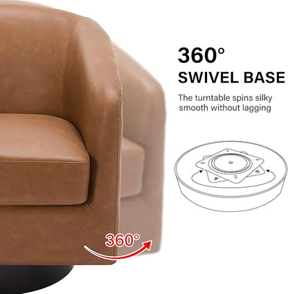 Swivel Barrel Accent Chair, Modern Round Faux Leather Arm Chair for Living Room, Bedroom, Comfy Club Reading Chairs for Adults(Faux Leather, Brown, Set of 4)