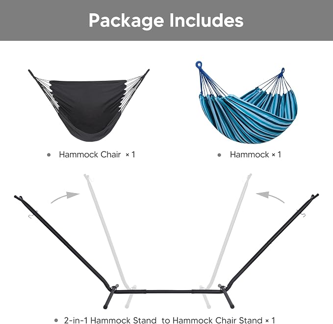 SUNCREAT 2-in-1 Convertible Backyard Fabric Hammock with Stand, Large Hammocks for Outside, Blue Stripes