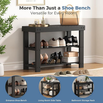 DUMOS Wooden Shoe Rack Bench with Storage, 3-Tier Bamboo Entryway Benches, Shoe Rack Holds Up to 286 lb Storage Organizer, 11.3 x 27.6 x 18 Inches, Suitable for Bedroom Living Room Balcony, Black