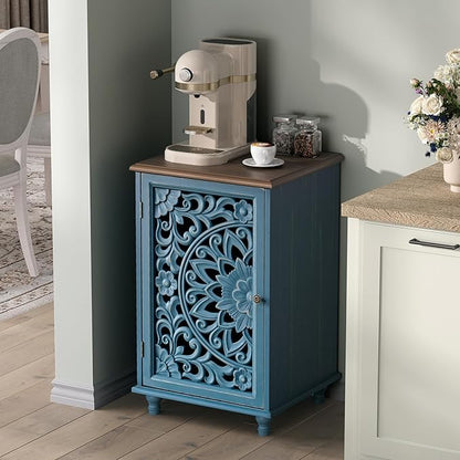 JOINICE Small Accent Cabinet with Hand-Carved Door for Living Room/Bedroom | Hand-Carved Floral Design, Farmhouse/Rustic Style, Space-Saving, Sofa Table, Solid Wood Legs, Adjustable Shelf, Easy Assembly