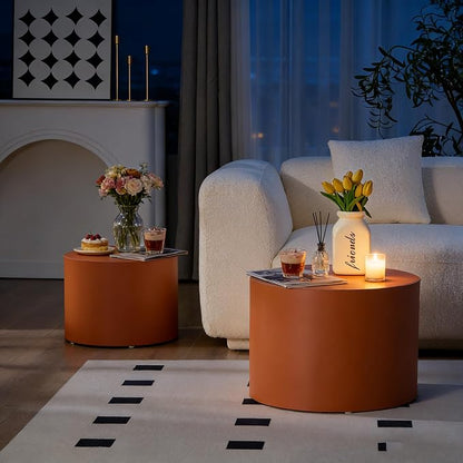 Round Coffee Table Set of 2, Modern Leather Circle Accent Tables, Minimalist Wooden Drum Side Table for Small Spaces Living Room Bedroom Balcony Office, Orange