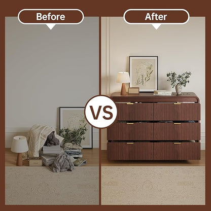 FURSUN Fluted 6 Drawers Dresser for Bedroom, 54" Wide Wooden Dresser with Metal Handle, Curved Profile Design, Modern Storage Organizer for Bedroom, Living Room, Hallway, Dark Walnut