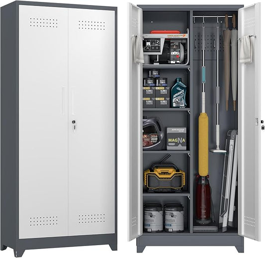 72.8" H Metal Garage Storage Cabinets with Doors and Shelves, Broom Closet Storage Cabinet, Tool Cabinets with Hanging Rod, Cleaning Storage Cabinets for Garage, Office, Laundry Room