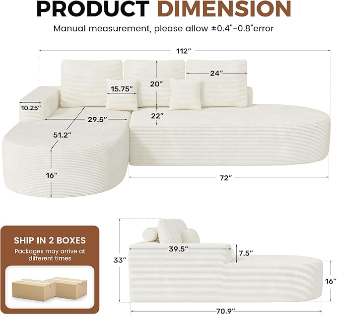 112" Modular Curved Cloud Couch, Oversized Couches for Living Room, Modern Boneless Sectional Sofa with Deep Seat, Foam Couch, No Assembly Required, Beige, 1PCS