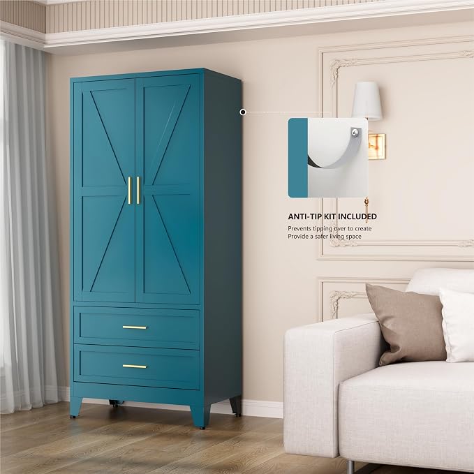 Blue Metal Wardrobe Closet, Armoire Wardrobe with Two Drawers Clothes Cabinet for Bedroom, 71" Tall Farmhouse Steel Armoire Closet with Drawers and 2 Doors Clothing Storage Cabinet with Hanging Rod