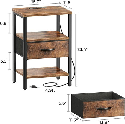SUPERJARE Nightstand with Charging Station, Bed Side Table with Adjustable Fabric Drawer, Night Stand for Bedroom, 3-Tier Storage End Table, for Living Room, Rustic Brown