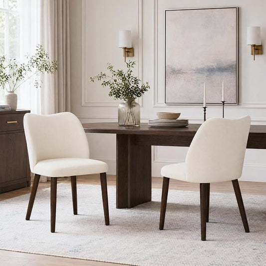 COLAMY Dining Chairs Set of 2, Upholstered Fabric Kitchen Chairs with Curved Back, Padded Seat and Solid Wood Legs, Modern Dining Chair for Kitchen Dining Room, Beige