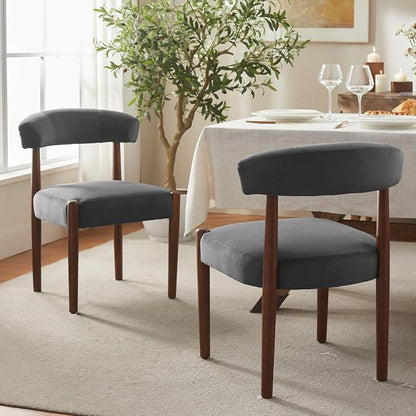 VKNOW Wooden Dining Chairs Set of 2, Modern Upholstered Dining Room Chairs with Walnut Wood Legs and Curved Backrest, Fabric Kitchen Chairs for Farmhouse/Living Room/Dining Room, Charcoal