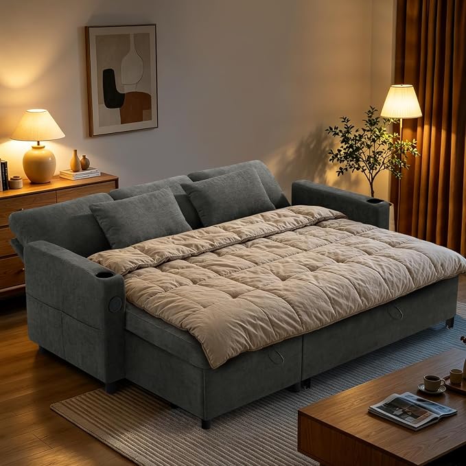 84" L-Shape Reversible Sectional Sofa Bed w/USB Port, Light Grey | Upholstery Sleeper Couch w/Adjustable Backrests & Storage Chaise, Chenille Modern Sofa w/Pull-Out Bed for Living Room