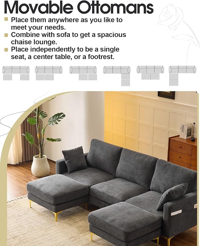 Karl home 99.6" 3-Seat U-Shaped Sectional Sofa, Gray | Chenille Upholstered, 2 Movable Ottomans, Cloud-Like Seat, 2 Throw Pillows, Comfy Deep Seat, Living Room, Apartment, Office