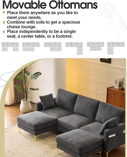 Karl home 99.6" 3-Seat U-Shaped Sectional Sofa, Gray | Chenille Upholstered, 2 Movable Ottomans, Cloud-Like Seat, 2 Throw Pillows, Comfy Deep Seat, Living Room, Apartment, Office