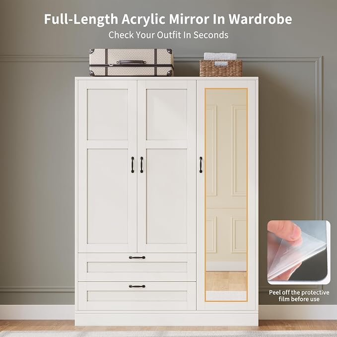 Yanosaku 5-in-1 Armoire Wardrobe Closet with Full Length Acrylic Mirror & 2 Drawers, Tall Narrow Armoire with Adjustable Shelf, Small Space Freestanding Storage Cabinet for Bedroom, White