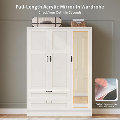 Yanosaku 5-in-1 Armoire Wardrobe Closet with Full Length Acrylic Mirror & 2 Drawers, Tall Narrow Armoire with Adjustable Shelf, Small Space Freestanding Storage Cabinet for Bedroom, White
